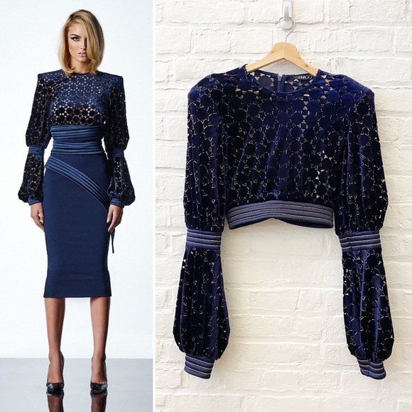 Zhivago || Cavalier Velvet Laser Cut Cutout Crop Top Navy Gold Small NWT - Picture 1 of 11